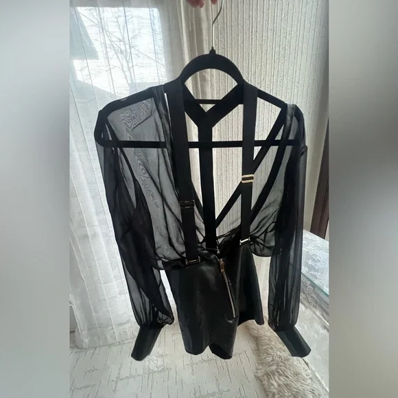 Honey Birdette RARE Black Sheer Mesh and Faux Leather Plunge Bodysuit - Picture 3 of 8